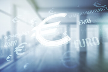 Aufkleber - Virtual EURO symbols illustration on modern interior background, forex and currency concept. Multiexposure