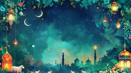 Enchanting Eid al Adha Backdrop with Ornate Mosques Lanterns and Graceful Sheep
