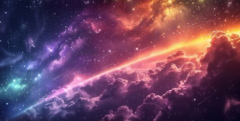 Wall Mural - Rainbow colored shooting stars, dark purple background with rainbow clouds. Generative AI.