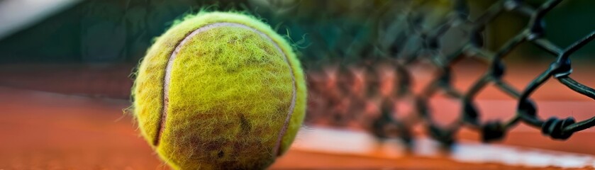 Closeup view of a tennis ball, emphasizing the fuzzy surface and seam, on a clay court with a net in the distance