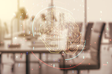 Aufkleber - Double exposure of creative artificial Intelligence interface on modern corporate office background. Neural networks and machine learning concept