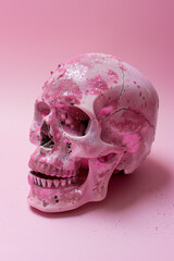 pink skull with glitter on a white background, gothic glam decor, sparkling art, feminine Halloween design