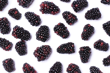 Poster - blackberries isolated on white background. Blackberry fruit pattern texture for background.