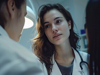 A woman doctor is talking to two other women. The woman doctor is wearing a white coat