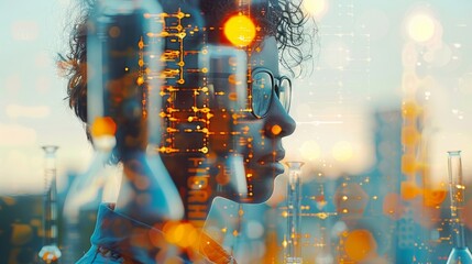 Poster - Student achieving academic excellence, receiving a top award for a science fair project, inspirational and commendable image Double exposure silhouette with science fair displays. Generative AI.
