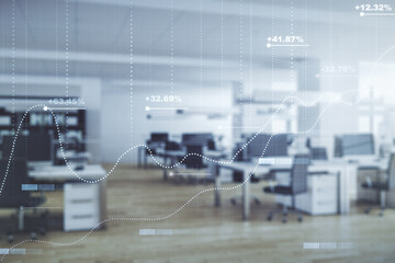 Poster - Abstract virtual analytics data spreadsheet on a modern furnished classroom background, analytics and analysis concept. Multiexposure
