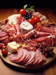 Poster - A platter of meat and cheese with a tomato on top. The platter is on a wooden table