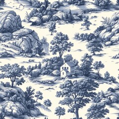 Wall Mural - Vintage French Provence Toile de Jouy Seamless Pattern with Countryside Scenes

