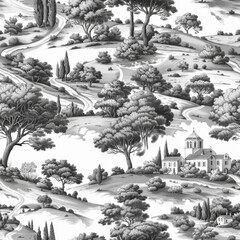 Wall Mural - Vintage French Provence Toile de Jouy Seamless Pattern with Countryside Scenes

