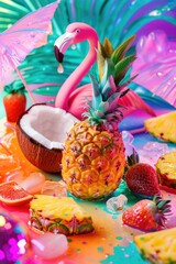 Wall Mural - A colorful image of a pineapple, a flamingo, and a strawberry. The pineapple is surrounded by ice and other fruits