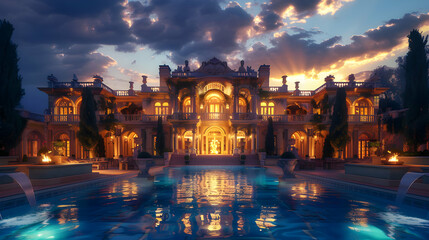 A stunning mansion with an outdoor pool displays its splendor under the glow of the twilight sky.