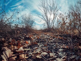 Sticker - A forest with a lot of leaves on the ground. The leaves are brown and scattered all over the ground