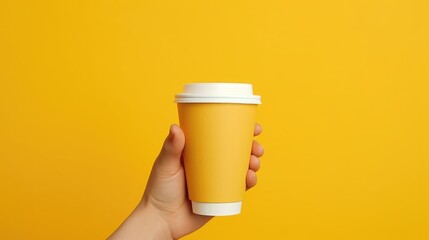 A person is holding a yellow cup with a white lid. The cup is made of paper and has a handle. The image has a bright and cheerful mood, as the yellow color of the cup