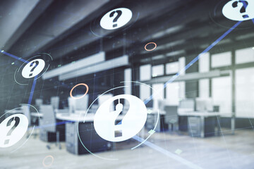 Aufkleber - Abstract virtual question mark illustration on a modern furnished office background. FAQ and search concept. Multiexposure
