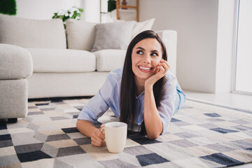 Wall Mural - Full size photo of lovely lady laying floor think wear blue shirt bright interior apartment indoors