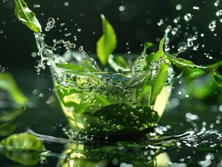 Wall Mural - A glass of green tea is splashing water all over the table. The water droplets are reflecting the light, creating a beautiful and calming atmosphere