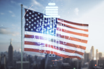 Poster - Virtual creative light bulb with chip hologram on US flag and city background, artificial Intelligence and neural networks concept. Multiexposure