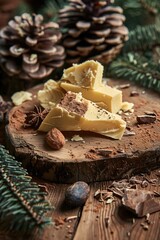 Wall Mural - A piece of chocolate cake with nuts and chocolate chips on top of a wooden table. The cake is cut into three pieces and is surrounded by pine cones
