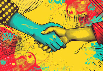 Wall Mural - Handshake theme  on yellow background 