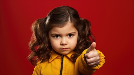 Wall Mural - A young girl with long brown hair and a yellow shirt is pointing her finger at the camera. She has a serious expression on her face, and her hair is pulled back into pigtails