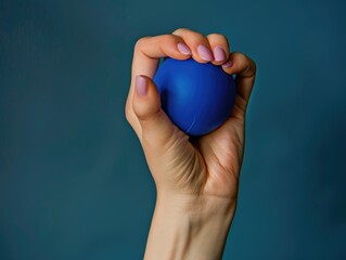 A hand holding a blue stress ball. Scene is calm and relaxed