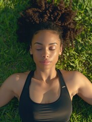 Wall Mural - A woman with curly hair is laying on the grass, looking at the camera. She is relaxed and at peace