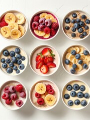 Poster - A row of bowls filled with fruit and yogurt. The bowls are arranged in a row and contain a variety of fruits such as bananas, strawberries, blueberries, and raspberries