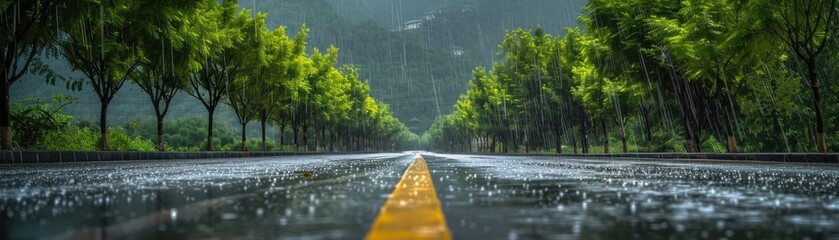 Wall Mural - Scenic tree-lined road in a rainy landscape, captured from a low angle with water droplets and green foliage creating a serene and moody atmosphere.