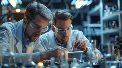 Aufkleber - Two young men, analyzing a gleaming silver large capacitor in electronic lab, making notes on a digital tablet, tools and schematics in the background. Generative AI.