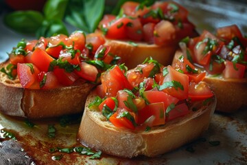 Sticker - Appetizing tomato bruschetta garnished with basil on rustic bread