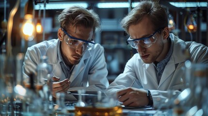 Aufkleber - Two young men, analyzing a gleaming silver large capacitor in electronic lab, making notes on a digital tablet, tools and schematics in the background. Generative AI.
