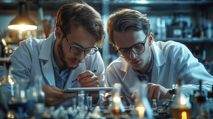 Aufkleber - Two young men, analyzing a gleaming silver large capacitor in electronic lab, making notes on a digital tablet, tools and schematics in the background. Generative AI.