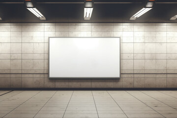 A white sign is on a wall in a subway station