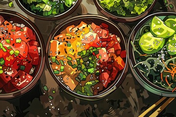 Wall Mural - A drawing of a table with four bowls of food, each with different colored vegetables. The bowls are arranged in a way that they look like they are ready to be eaten. Scene is casual and inviting