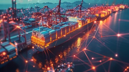 Wall Mural - Row colorful shipping containers dock glowing lines connecting world map global trade route dusk. Generative AI.