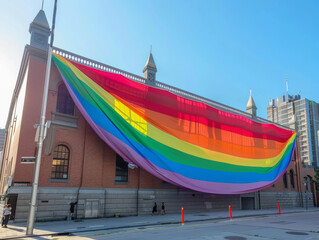 Wall Mural - A rainbow flag is hanging from the side of a building