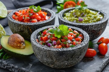 Poster - Three bowls of food with a variety of vegetables and a lime. The bowls are arranged on a table with a black background