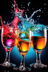 Wall Mural - Three glasses of colorful drinks with a splash of water. The glasses are arranged in a row, with the middle one being the tallest. Concept of fun and celebration, as the colorful drinks