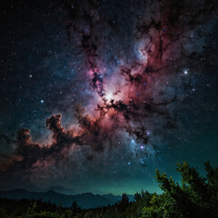 Cosmic Nebula with Vibrant Colors and Lone Flower