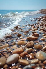 Poster - The beach is covered in rocks and the water is calm. The rocks are scattered all over the beach, creating a beautiful and serene scene. The water is a deep blue color, and the sun is shining brightly