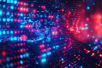 Wall Mural - A high-resolution digital backdrop showcasing flowing red and blue lights with a bokeh effect, resembling a futuristic space visualization composed of pixelated data streams.