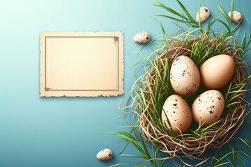 Wall Mural - A nest of eggs sits on a blue background with a blank piece of paper