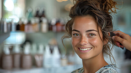 Wall Mural - A woman with a brush in her hair is smiling. Generated by AI