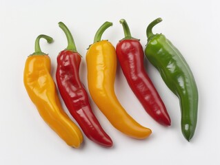 Poster - A bunch of peppers are displayed in a row, with some being green, some red, and some yellow