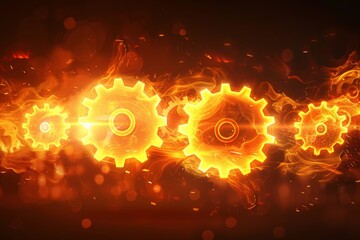 Wall Mural - Fiery sparks  close up of synchronizing gears in motion on blurred background with copy space