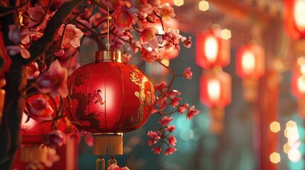 Wall Mural - A red lantern with a dragon on it hangs from a tree. The lantern is surrounded by pink flowers