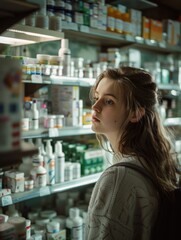 Wall Mural - A woman is looking at the medicine section of a store. She is wearing a white sweater and has a backpack on