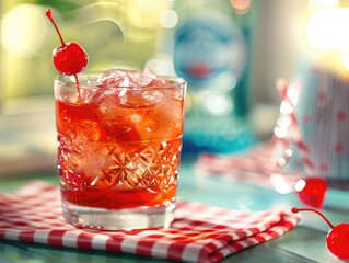Wall Mural - A glass of red drink with a cherry on top. The drink is served on a table with a red and white checkered cloth