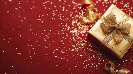 Wall Mural - Elegant gold-wrapped christmas present adorned with a shimmering bow, surrounded by festive glitter on a vibrant red backdrop