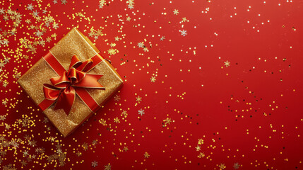 Wall Mural - Dazzling christmas golden gift box with a bow, surrounded by glittering gold stars on a vibrant red background